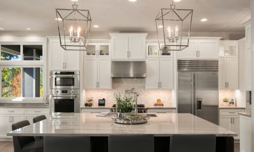 Sammamish kitchen with two mini chandeliers